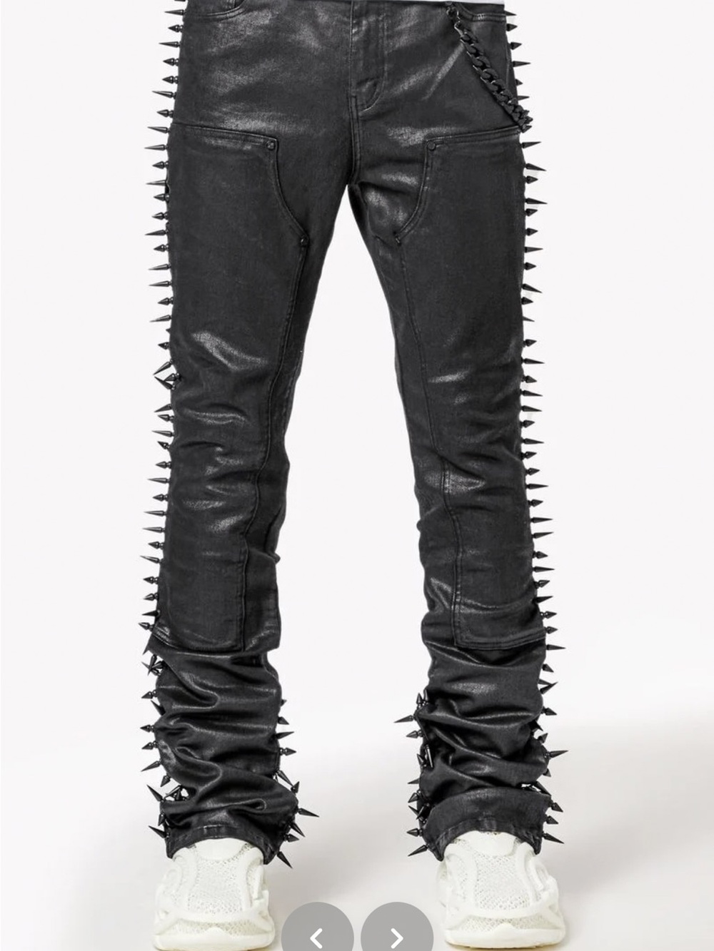 GUAPI Men's All Black Spike-Trim Leather Jeans